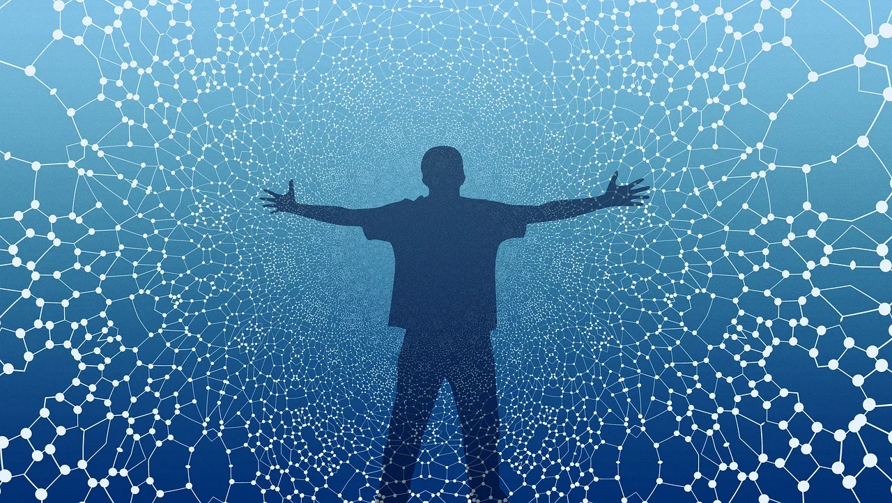 Abstract, interconnected network of glowing, polygonal nodes representing a collaborative ecosystem